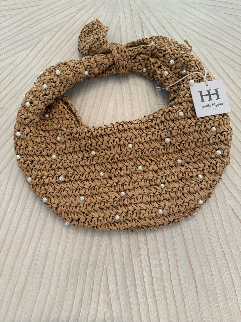 Haute Hippie Crescent Hobo Bag with Pearl Detail - Tan Raffia